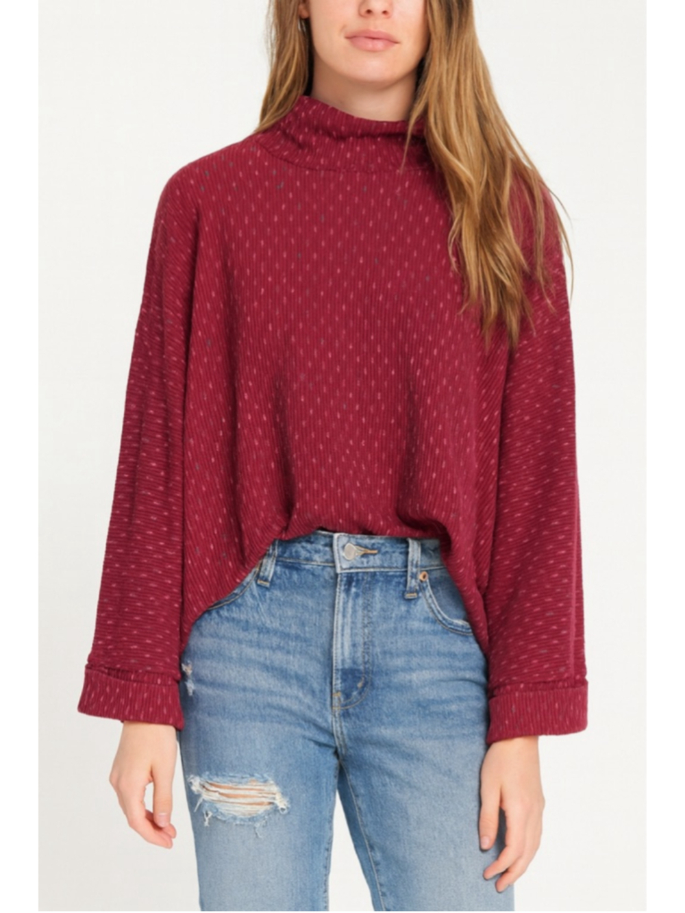 Free People We The Free Oversized Mock Neck Knit Top Burgundy Small